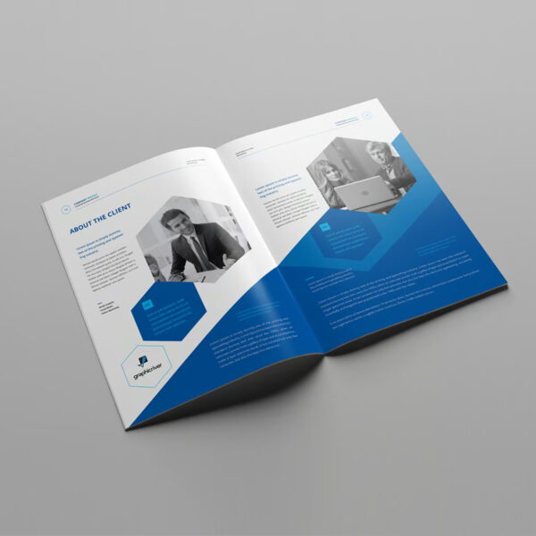 Professional company profile design showcasing business services and branding elements